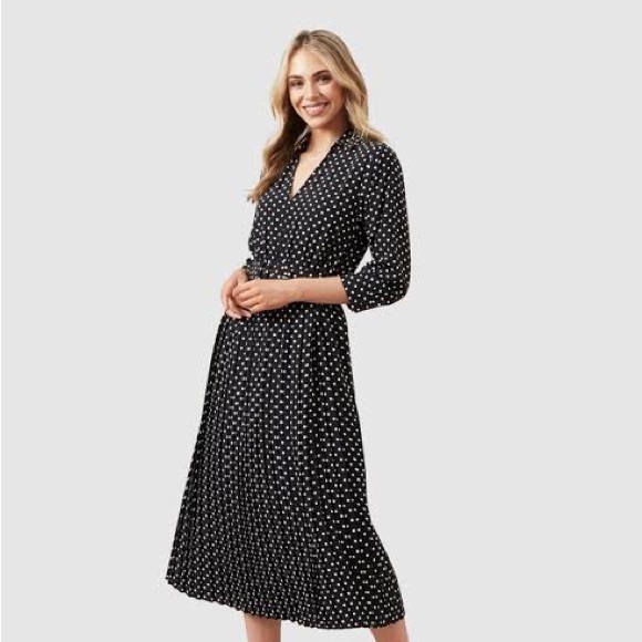French Connection Dresses & Skirts - French Connection - Spotted long sleeve Dress with pleated skirt - Size 10